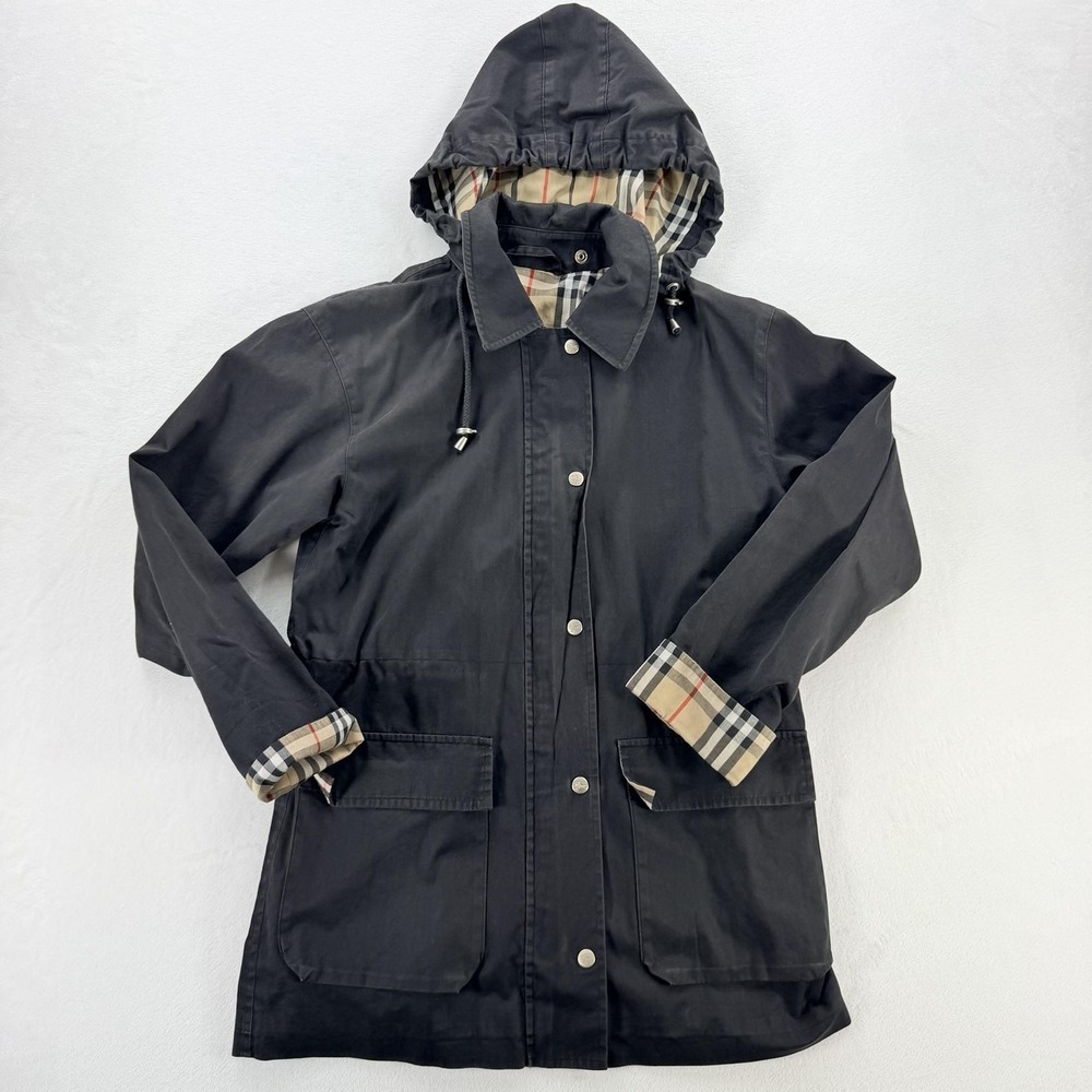 Burberry Coat Womens Small Black Cotton Hooded Rain Jacket Check Lined Parka